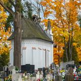 Biała wysoka kaplica, stojąca na cmentarzu. Kryta gontowym dachem, ściany boczne wzmocnione przyporami. Wokół nagrobki i drzewa w jesiennych kolorach.