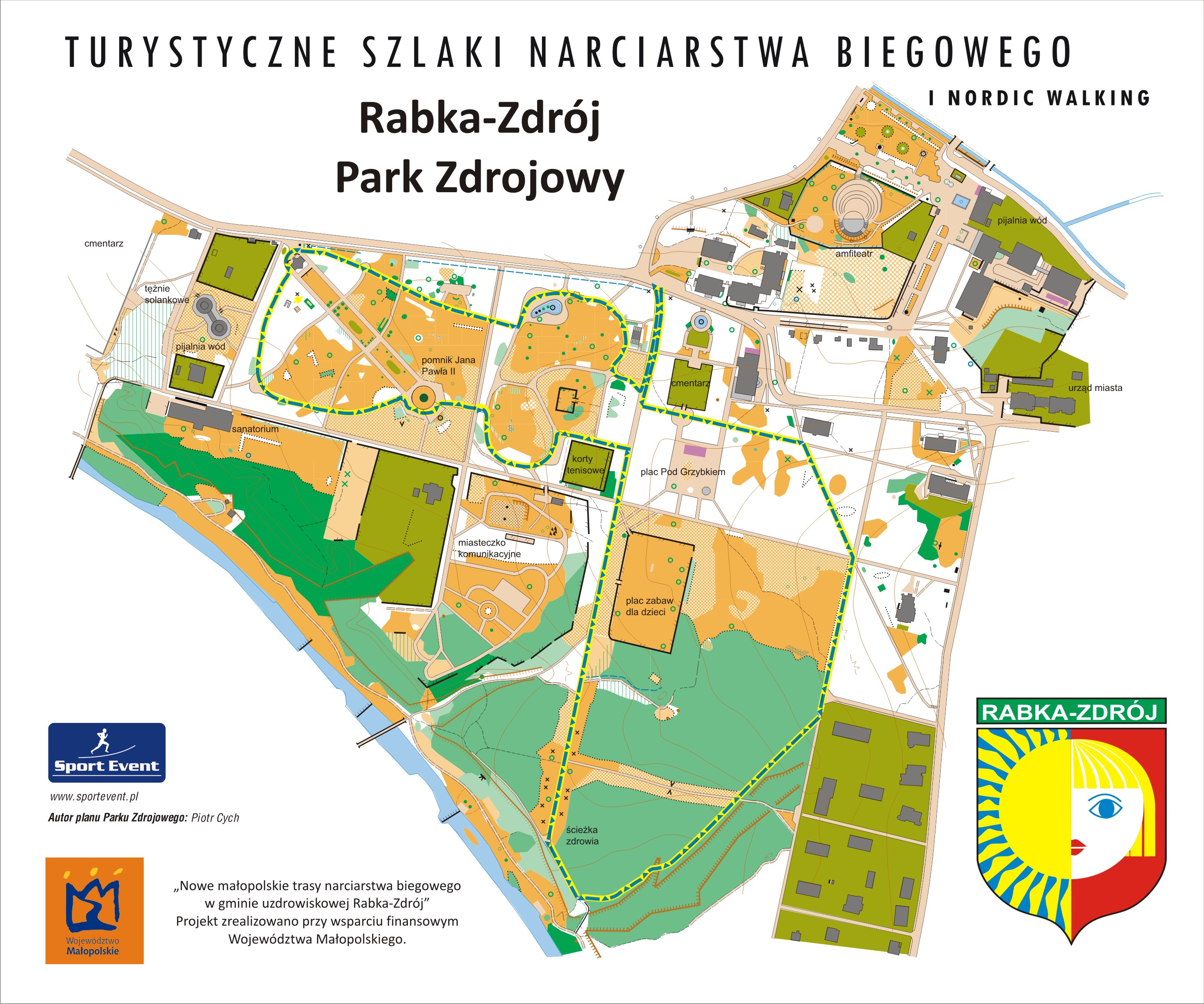 Mapa trasy biegowej w Parku Zdrojowym w Rabce-Zdrój.