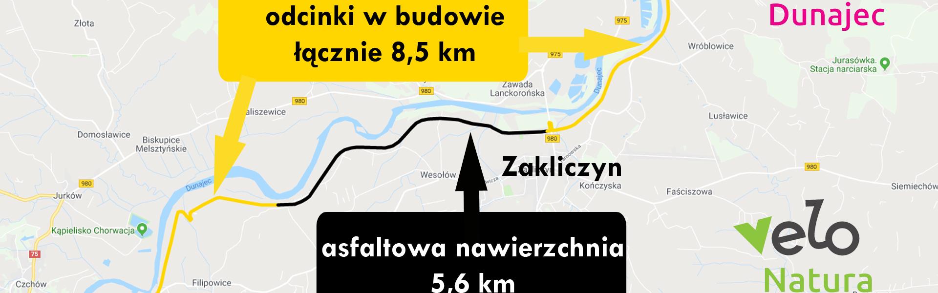 Mapa poglądowa na budowany odcinek VeloDunajec / EV11 w gminie Zakliczyn