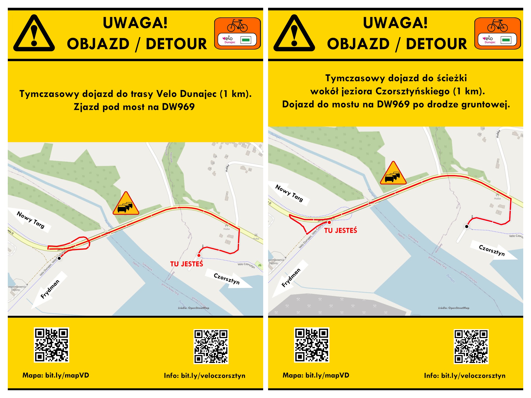 Mapki z proponowanymi objazdami dla łącznika VeloDunajec z VeloCzorsztyn (trasa rowerowa wzdłuż północnych brzegów jeziora Czorsztyńskiego)