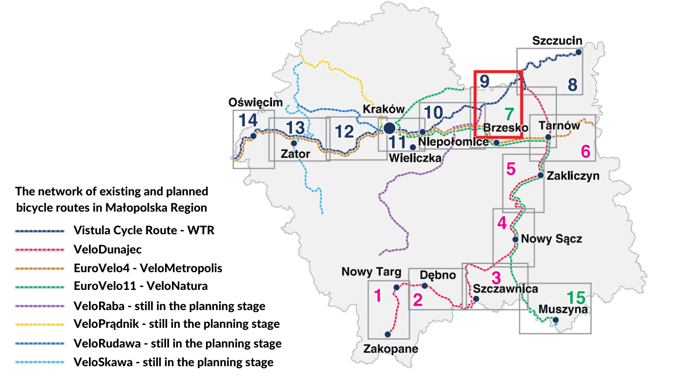 The network of existing and planned bicycle routes in Małopolska Region